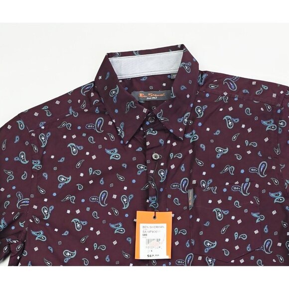 Ben Sherman Size Small Mens Burgundy Blue Paisley Button Down Logo Tag Shirt NWT - Picture 8 of 11